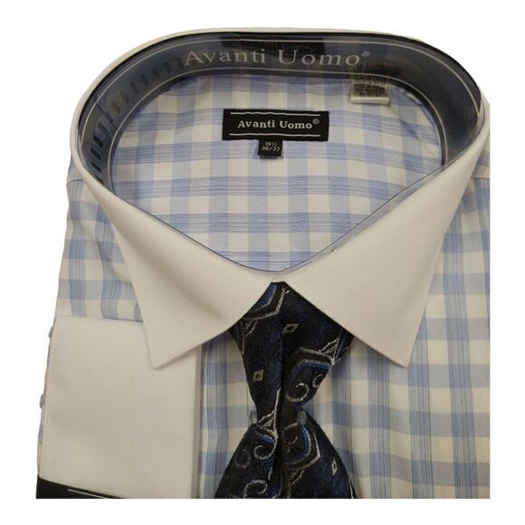 MEN'S AVANTI UOMO LT BLUE SMALL CHECK PATTERN WHITE COLLAR  FRENCH CUFFS DN1O6M - Picture 2 of 4